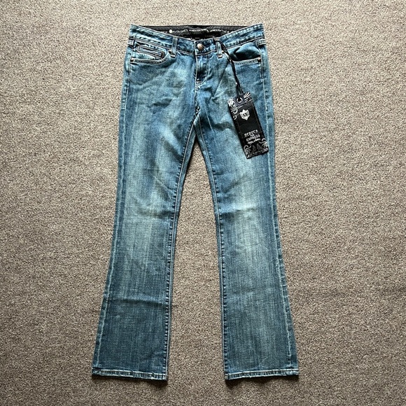 NWT Y2K ReRock for EXPRESS Boot Cut Low Rise Jeans Embroidered Size 4 (31x32.5) - Picture 2 of 16